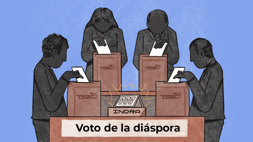 Ilustración de 4 magistrados del TSE votando por la empresa INDRA para el voto electrónico